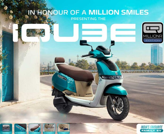 TVS iQube MillionR Edition in Aurora Green Dual Tone mit MillionR-Kennzeichnung, offizielle Herstellerabbildung
